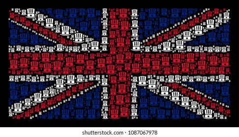 Great Britain Flag mosaic designed of Uncle Sam hat pictograms on a dark background. Vector Uncle Sam hat items are formed into conceptual United Kingdom flag pattern.