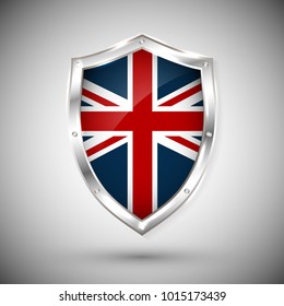 Great Britain flag on metal shiny shield vector illustration. Collection of flags on shield against white background. Abstract isolated object.