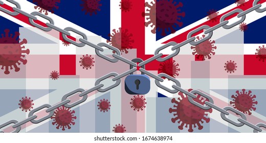 Bandera de Gran Bretaña con el brote mortal del coronavirus covid-19. Concepto de cuarentena del coronavirus.