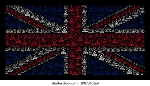 Great Britain Flag pattern combined of total control eye pyramid pictograms on a dark background. Vector total control eye pyramid icons are composed into conceptual Great Britain flag composition.