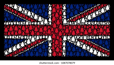 Great Britain Flag pattern created of fir-tree elements on a dark background. Vector fir-tree design elements are united into conceptual United Kingdom flag composition.