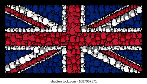 Great Britain Flag pattern done of stop hand elements on a dark background. Vector stop hand design elements are composed into conceptual British flag composition.