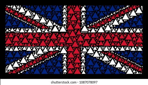 Great Britain Flag pattern made of filled triangle pictograms on a dark background. Vector filled triangle items are composed into conceptual United Kingdom flag composition.