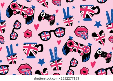 Great Britain flag seamless pattern with stickers sunglasses and England flag, kiss lips with tongue, hand, cup of tea, stars, gamepad. Vector The United Kingdom flags stickers. Love hearts symbols.