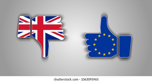 Great Britain flag thumbs down and European Union flag thumbs up vector icons with shadow. Brexit or United Kingdom exit symbol