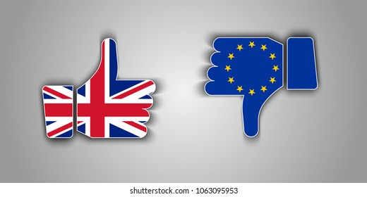 Great Britain flag thumbs up and European Union flag thumbs down vector icons with shadow. Brexit or United Kingdom exit symbol