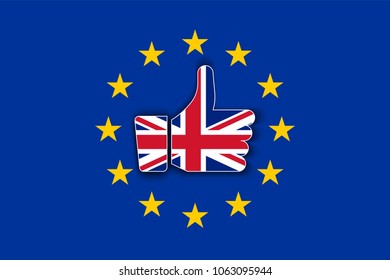 Great Britain flag thumbs up with shadow on European Union flag. Brexit or United Kingdom exit symbol