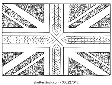 Great Britain flag. Unusual zentangle black and white illustration. Vector image of English flag can be used for web design, creating textile, cards and other crafts.