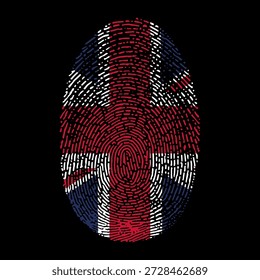 Ilustración vectorial de la bandera de Gran Bretaña en forma de huella dactilar. Bandera nacional del Reino Unido como símbolo de patriotismo, identidad y orgullo sobre fondo negro.