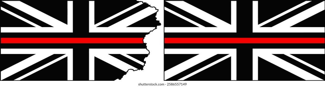Great Britain flags with red line vector. Standard flag and with torn edges.