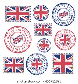 Great Britain grunge postal stamps and postmarks with British flag, set isolated on white background, vector illustration.