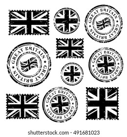 Great Britain grunge postal stamps and postmarks with British flag, set, black isolated on white background, vector illustration.