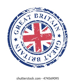 Great Britain grunge rubber stamp with British flag, isolated on white background, vector illustration.