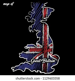 Great Britain. Hand drawn vector map, sketch style, hand drawn. Flag of the country, stylized concept. Travels. 