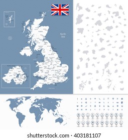 Great Britain Highly Detailed Map and World Map Navigation Set. All elements are separated in editable layers clearly labeled.