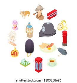 Great Britain icons set in isometric 3d style. London set collection vector illustration