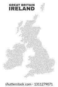 Great Britain and Ireland map designed with tiny dots. Vector abstraction in black color is isolated on a white background. Scattered tiny dots are organized into Great Britain and Ireland map.