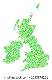 Great Britain And Ireland Map mosaic of dots in different sizes and ecological green color tones. Circle dots are organized into great britain and ireland map vector composition.