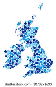 Great Britain And Ireland Map mosaic of round spots in different sizes and blue color tones. Scattered round dots are organized into Great Britain And Ireland Map composition.