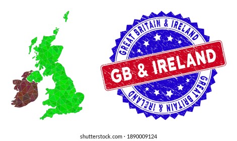 Great Britain and Ireland map polygonal mesh with filled triangles, and scratched bicolor watermark. Triangle mosaic Great Britain and Ireland map with mesh vector model, triangles have various sizes,