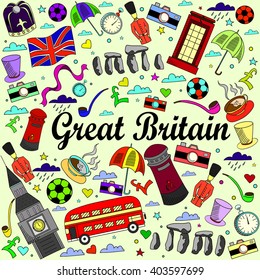 Great Britain line art design vector illustration. Separate objects. Hand drawn doodle design elements.