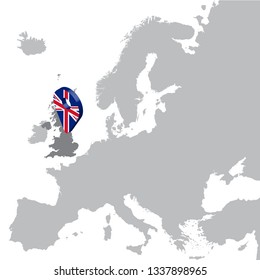 Great Britain Location Map on map Europe. 3d Great Britain flag map marker location pin. High quality map of Great Britain.  Vector illustration EPS10.