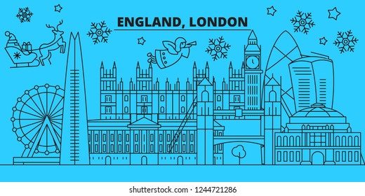 Great Britain, London city winter holidays skyline. Merry Christmas, Happy New Year decorated banner with Santa Claus.Great Britain, London city linear christmas city vector flat illustration