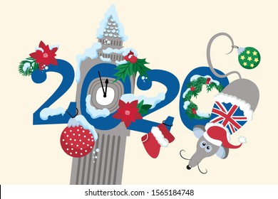 Great Britain, London city winter. Merry Christmas, Happy New Year decorated banner. Happy new year 2020 greeting card or poster design with England monument and illustration. New year of the rat