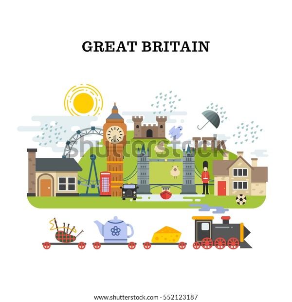Great britain and london vector traveling\
concept. Banner tourism in england, poster with landmark london and\
england illustration