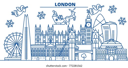 Great Britain, London winter city skyline. Merry Christmas, Happy New Year decorated banner with Santa Claus.Winter greeting line card.Flat, outline vector.Linear christmas snow illustration