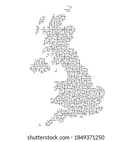 Great Britain map from black pattern of the maze grid. Vector illustration.
