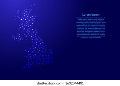 Great Britain map from blue and glowing space stars abstract concept geometric shape. Vector illustration.