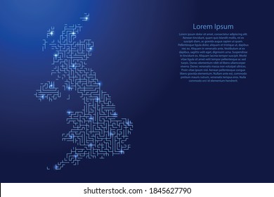 Great Britain map from blue pattern of the maze grid and glowing space stars grid. Vector illustration. 