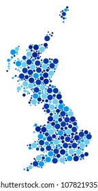 Great Britain Map composition of round spots in different sizes and blue color tones. Random round dots are arranged into Great Britain Map mosaic. Vector geography blue map vector illustration.