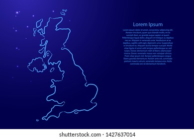 Great Britain map from the contour blue brush lines and glowing stars on dark background. Vector illustration.