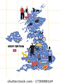 Gran bandera de ilustración de vector dibujada a mano de mapa de gran bretaña. Letras de nombres y monumentos de dibujos animados, atracciones turísticas y cliparts. Viajes en Londres, afiche de historietas de viajes, diseño de pancartas