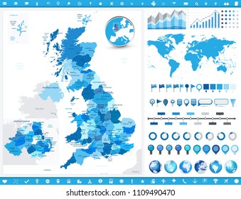 Great Britain Map and infographic elements. Detailed vector illustration of map.