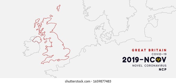 Great Britain Map infographics, Localization of outbreak of Virus Covid 19. Novel Coronavirus (2019-nCoV). China pathogen respiratory coronavirus 2019-nCoV. nCoV denoted is single-stranded RNA virus.