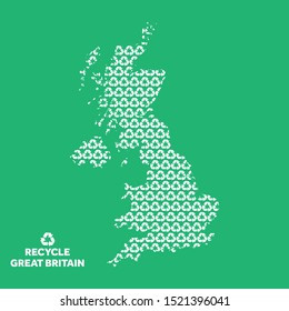 Great Britain map made from recycling symbol. Environmental concept