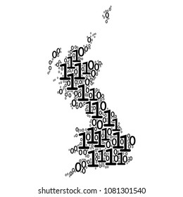 Great Britain Map mosaic icon of zero and one symbols in various sizes. Vector digital symbols are grouped into Great Britain Map mosaic design concept.