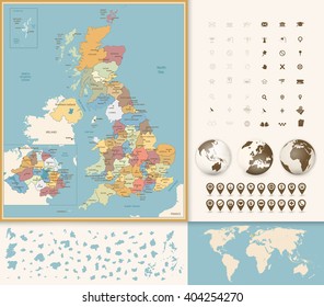 Great Britain Map with Navigation Icon Set. Vintage Colors. All elements are separated in editable layers clearly labeled.