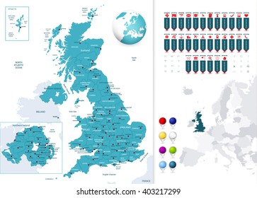 Great Britain map and it's states with navigation map pointers. All elements are separated in editable layers clearly labeled.
