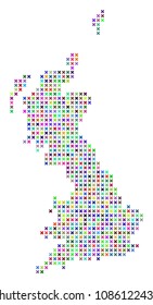 Great Britain map. Vector abstraction of geographic scheme. Regular pattern is composed of x-cross elements in different colors.
