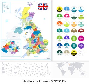 Great Britain Political Map and Flat Icon Set. All elements are separated in editable layers clearly labeled.