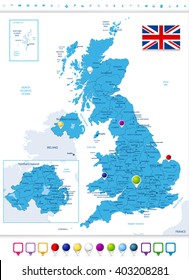 Great Britain Political Map with Map Pointers. All elements are separated in editable layers clearly labeled.