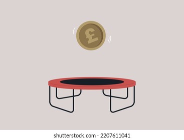 A Great Britain Pound Sterling bouncing on a trampoline, a British financial market collapse