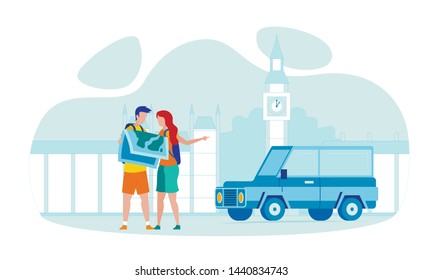 Great Britain Road Trip Flat Vector Illustration. Tourists with Backpacks Cartoon Characters Searching London Landmarks. UK Sightseeing Tour. Big Ben World Famous Tourist Attraction