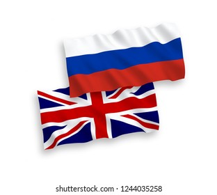 Great Britain and Russian flags isolated on white background. Vector illustration of the United Kingdom und Russia waving flags