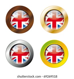 Great britain shiny buttons flag with metal ring vector illustration. Isolated abstract object against white background.