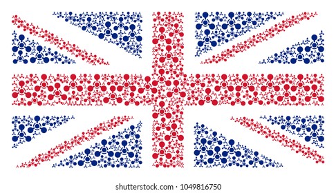 Great Britain State Flag collage done of wmd nerve agent chemical warfare design elements. Vector wmd nerve agent chemical warfare pictograms are combined into conceptual United Kingdom flag pattern.